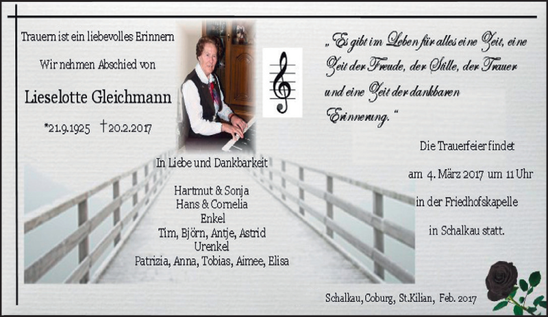  Traueranzeige für Lieselotte Gleichmann vom 25.02.2017 aus Südthüringer Presse
