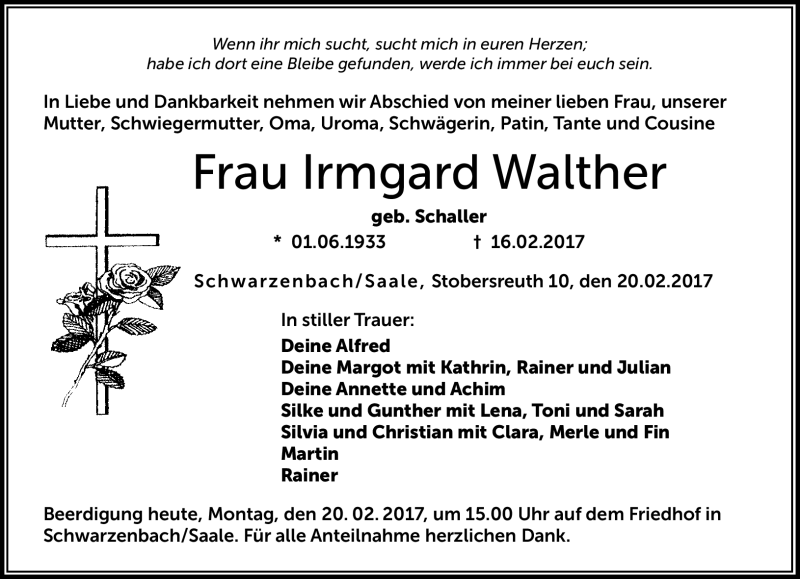  Traueranzeige für Irmgard Walther vom 20.02.2017 aus Frankenpost