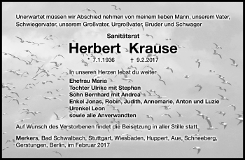 Traueranzeige von Herbert Krause von Südthüringer Presse