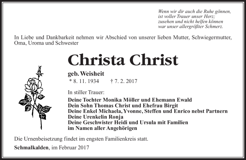  Traueranzeige für Christa Christ vom 11.02.2017 aus Südthüringer Presse
