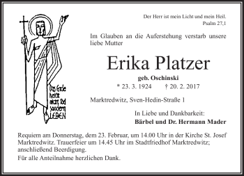 Traueranzeige von Erika Platzer von Frankenpost