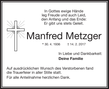 Traueranzeige von Manfred Metzger von Frankenpost