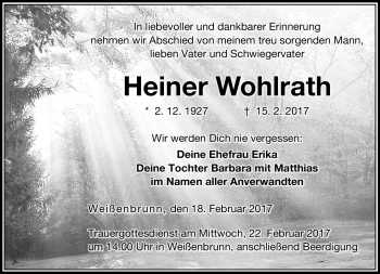 Traueranzeige von Heiner Wohlrath von Neue Presse Coburg