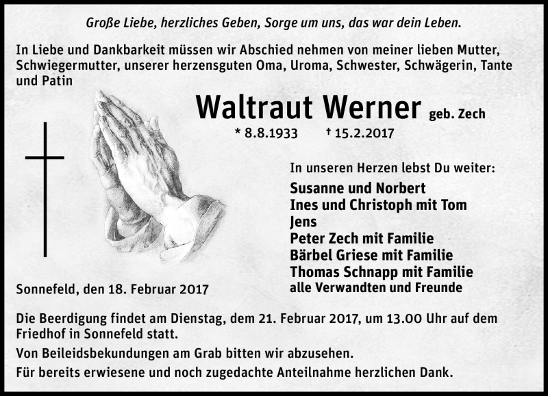  Traueranzeige für Waltraut Werner vom 18.02.2017 aus Neue Presse Coburg