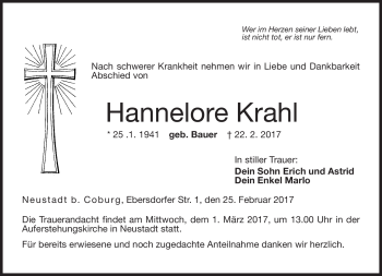 Traueranzeige von Hannelore Krahl von Neue Presse Coburg