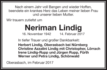 Traueranzeige von Neriman Lindig von Frankenpost