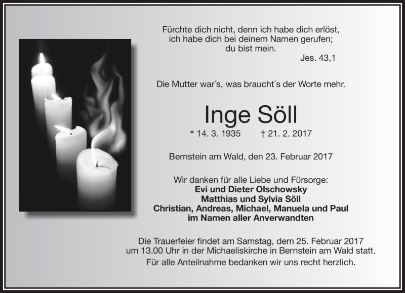  Traueranzeige für Inge Söll vom 23.02.2017 aus Frankenpost
