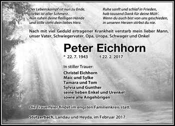 Traueranzeige von Peter Eichhorn von Südthüringer Presse