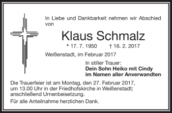 Traueranzeige von Klaus Schmalz von Frankenpost