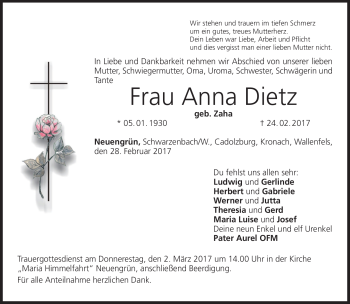 Traueranzeige von Dietz Anna von Frankenpost