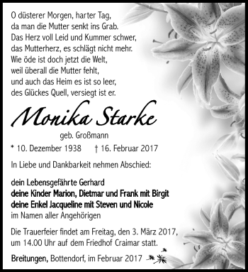 Traueranzeige von Monika Starke von Südthüringer Presse