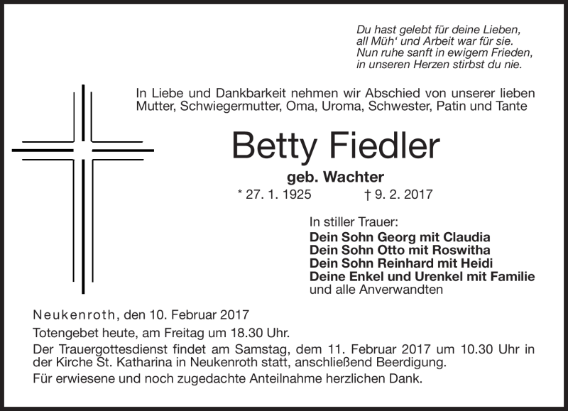  Traueranzeige für Betty Fiedler vom 10.02.2017 aus Neue Presse Coburg