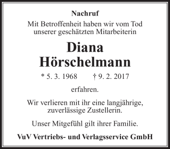 Traueranzeige von Diana Hörschelmann von Südthüringer Presse