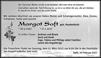 Traueranzeige von Margot Saft von Südthüringer Presse