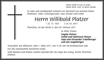 Traueranzeige von Willibald Platzer von Frankenpost
