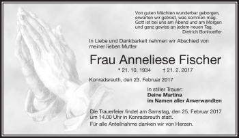 Traueranzeige von Anneliese Fischer von Frankenpost
