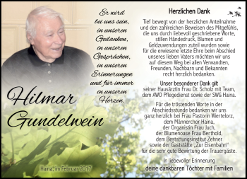 Traueranzeige von Hilmar Gundelwein von Südthüringer Presse