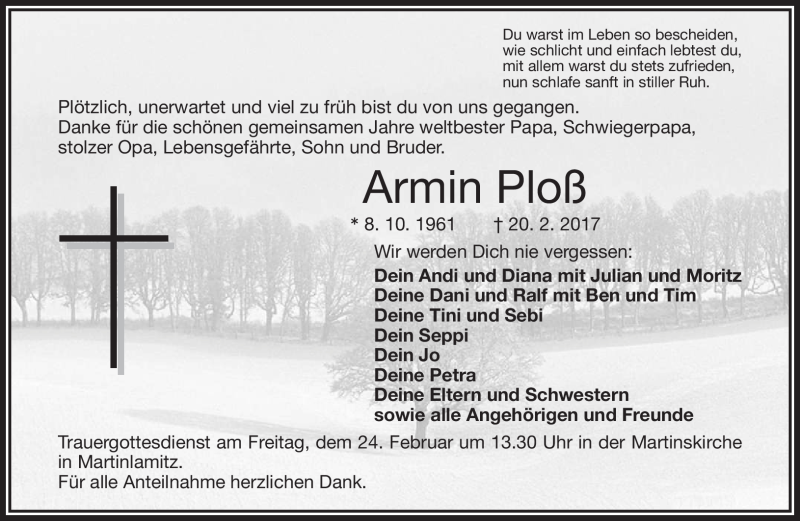  Traueranzeige für Armin Ploß vom 23.02.2017 aus Frankenpost