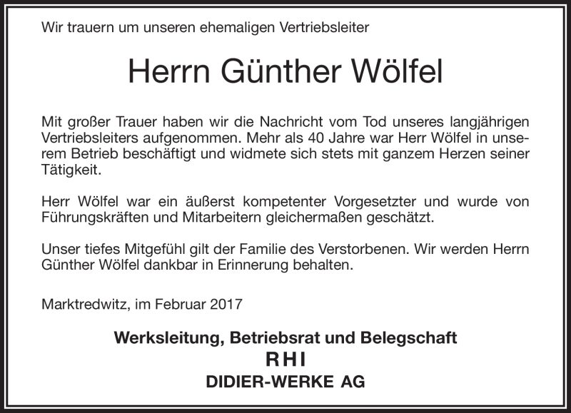  Traueranzeige für Günther Wölfel vom 23.02.2017 aus Frankenpost