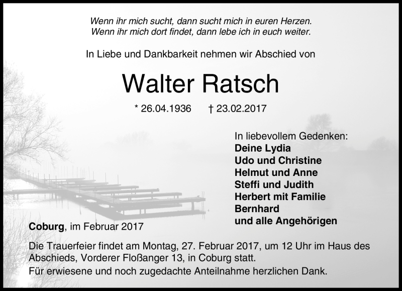  Traueranzeige für Walter Ratsch vom 25.02.2017 aus Neue Presse Coburg
