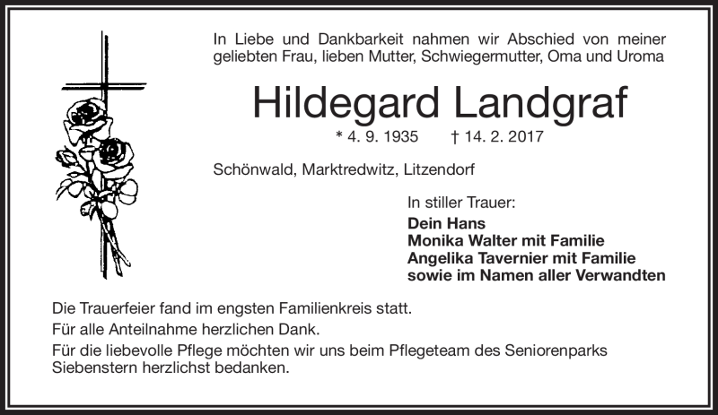  Traueranzeige für Hildegard Landgraf vom 25.02.2017 aus Frankenpost