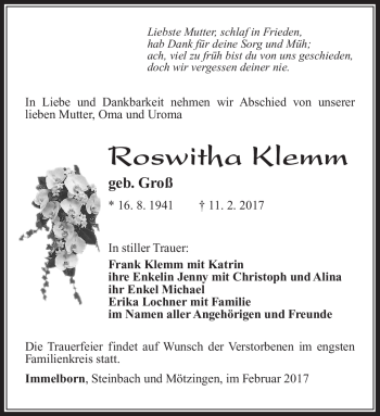 Traueranzeige von Roswitha Klemm von Südthüringer Presse