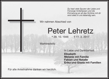 Traueranzeige von Peter Lehretz von Frankenpost