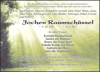 Traueranzeige von Jochen Raumschüssel von Südthüringer Presse