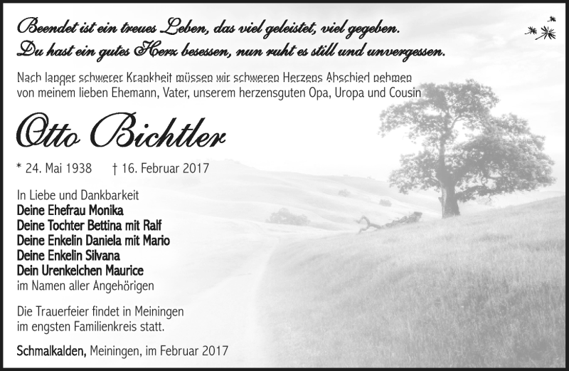  Traueranzeige für Otto Bichtler vom 21.02.2017 aus Südthüringer Presse