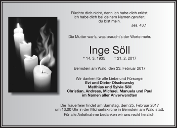 Traueranzeige von Inge Söll von Frankenpost