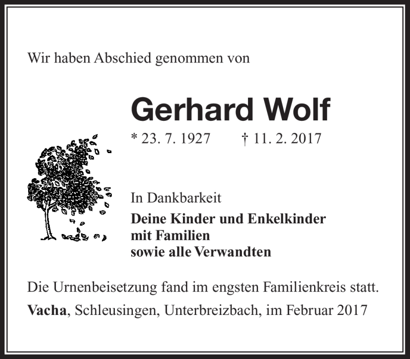  Traueranzeige für Gerhard Wolf vom 28.02.2017 aus Südthüringer Presse