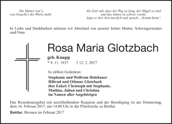 Traueranzeige von Rosa Maria Glotzbach von Südthüringer Presse