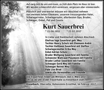 Traueranzeige von Kurt Sauerbrei von Südthüringer Presse