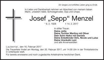 Traueranzeige von Josef Menzel von Neue Presse Coburg