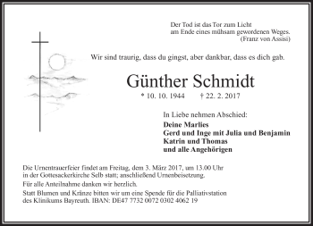 Traueranzeige von Günther Schmidt von Frankenpost