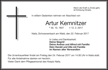 Traueranzeige von Artur Kemnitzer von Frankenpost