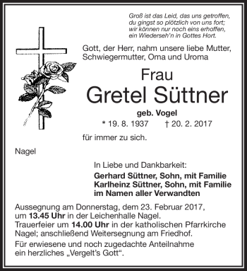 Traueranzeige von Gretel Süttner von Frankenpost