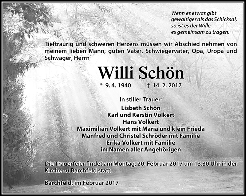  Traueranzeige für Willi Schön vom 16.02.2017 aus Südthüringer Presse