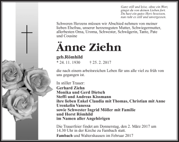 Traueranzeige von Änne Ziehn von Südthüringer Presse