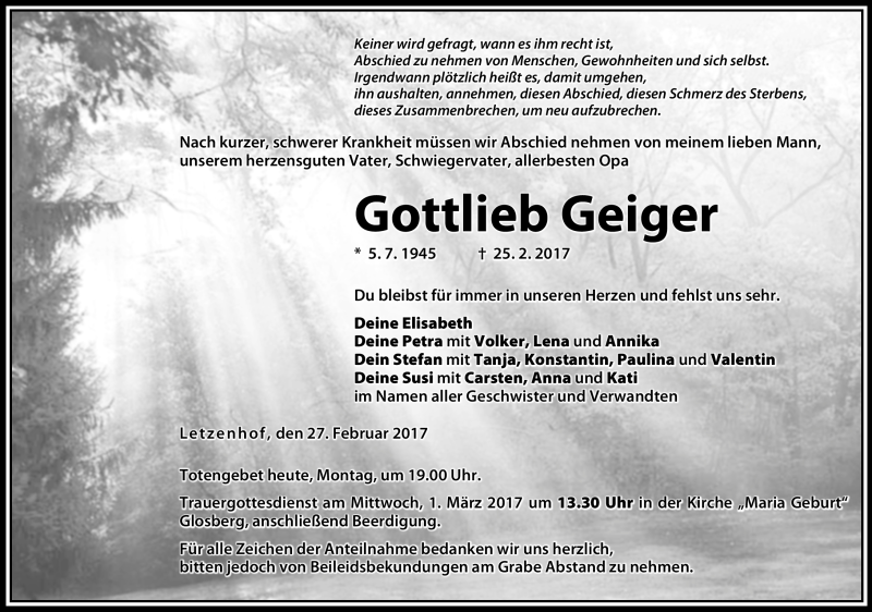  Traueranzeige für Gottlieb Geiger vom 27.02.2017 aus Neue Presse Coburg