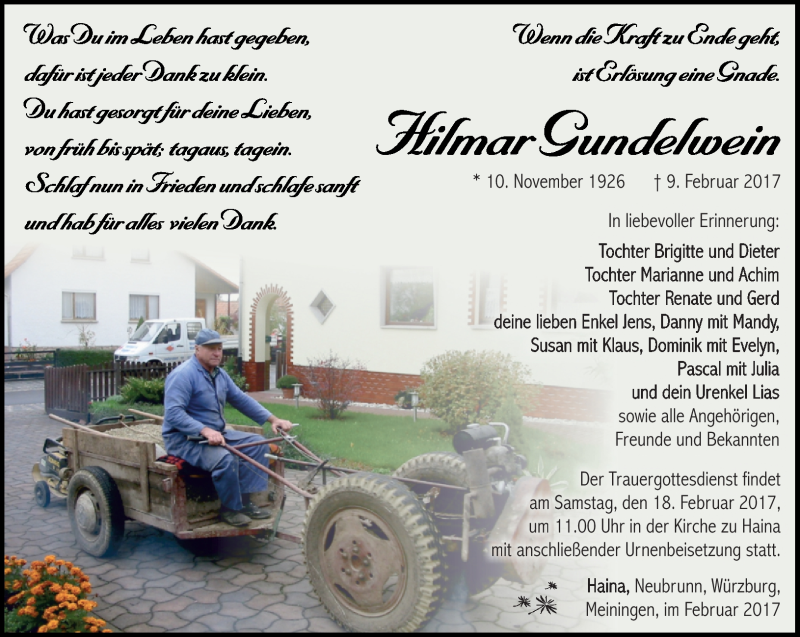  Traueranzeige für Hilmar Gundelwein vom 15.02.2017 aus Südthüringer Presse