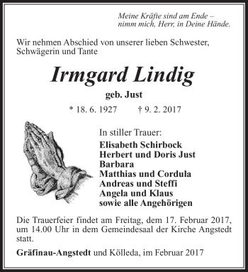 Traueranzeige von Irmgard Linding von Südthüringer Presse