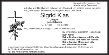 Traueranzeige von Sigrid Kias von Frankenpost