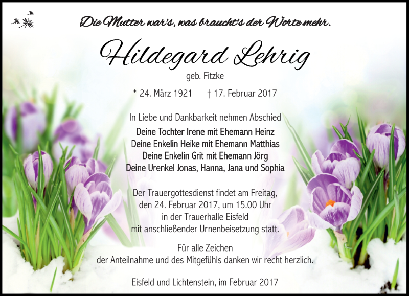  Traueranzeige für Hildegard Lehrig vom 22.02.2017 aus Südthüringer Presse