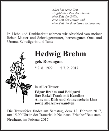 Traueranzeige von Hedwig Brehm von Südthüringer Presse