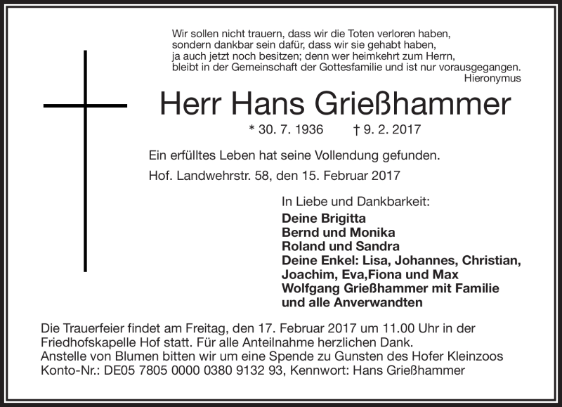  Traueranzeige für Hans Grießhammer vom 15.02.2017 aus Frankenpost