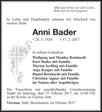 Traueranzeige von Anni Bader von Südthüringer Presse