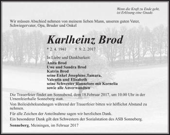 Traueranzeige von Karlheinz Brod von Südthüringer Presse