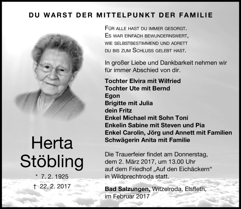  Traueranzeige für Herta Stöbling vom 25.02.2017 aus Südthüringer Presse