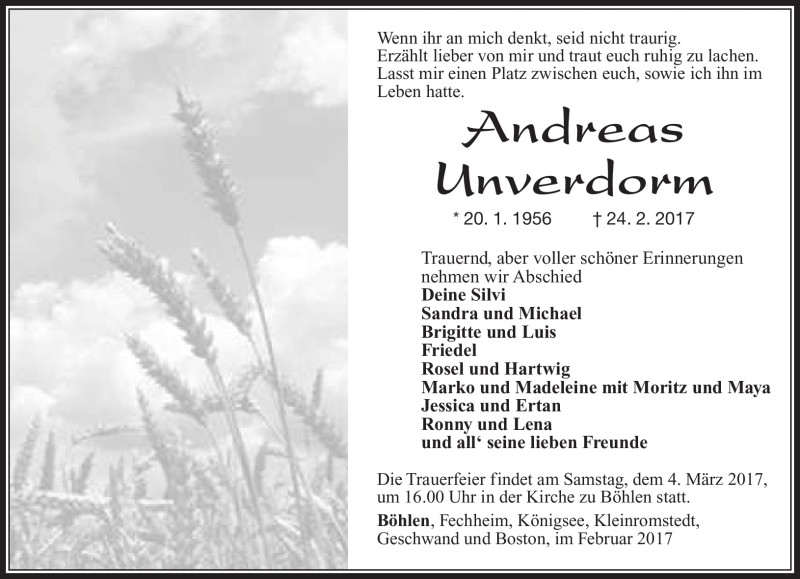  Traueranzeige für Andreas Unverdorm vom 28.02.2017 aus Südthüringer Presse